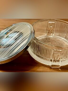 Vintage Ribbed Glass Trinket Box 
Silver Tone Lid  Monogram Vanity Jewelry Dish
